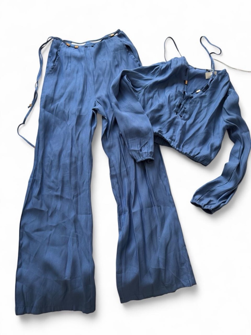 Women's Blue Wide-Leg Pants & Cropped Blouse Set